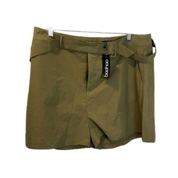 boohoo Women's Khaki Plus‎ Woven Self Fabric Belted Tailored Short - Picture 3 of 8